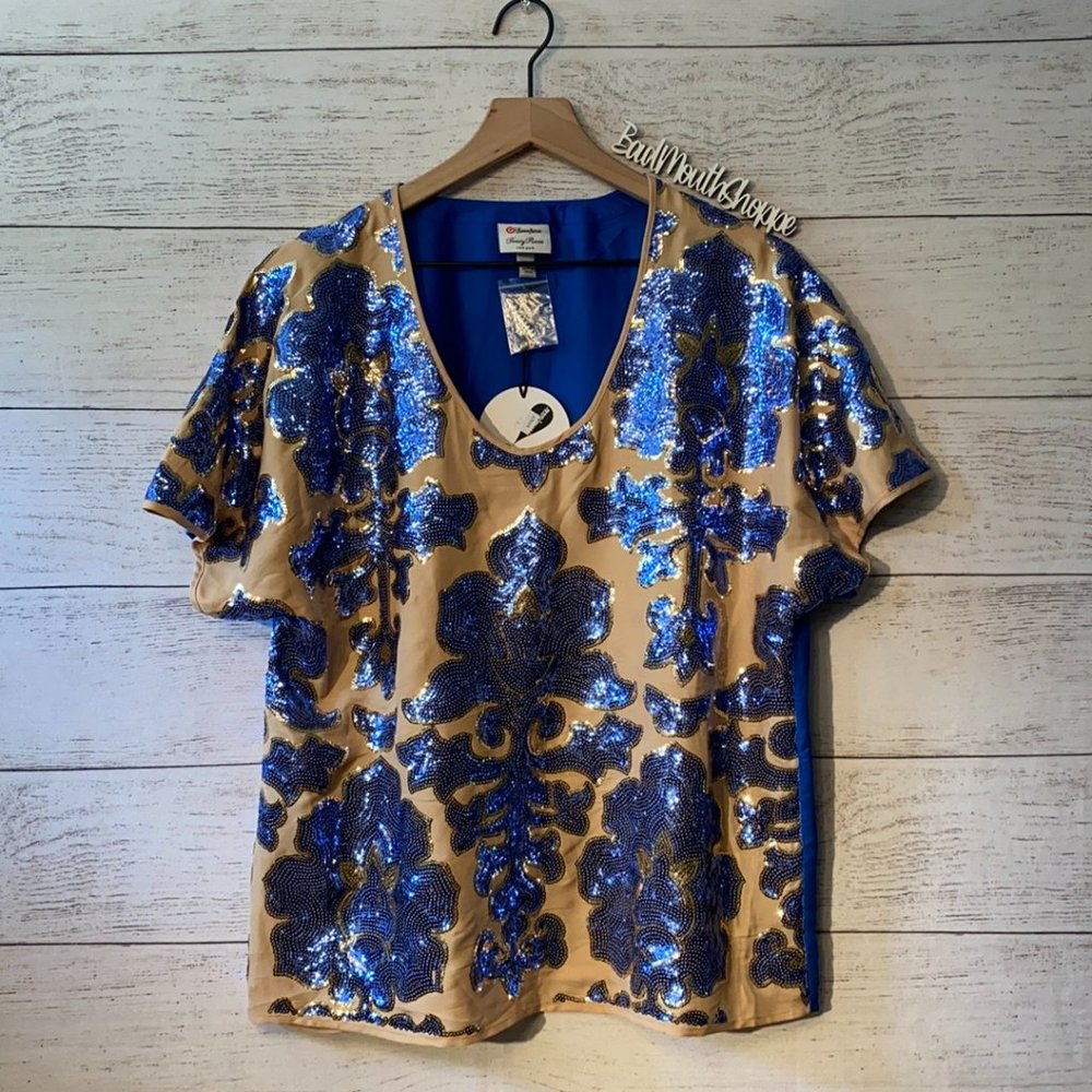 Neiman Marcus for Target Blue Beige Sequined Formal Dress Sequined Top Sz Large